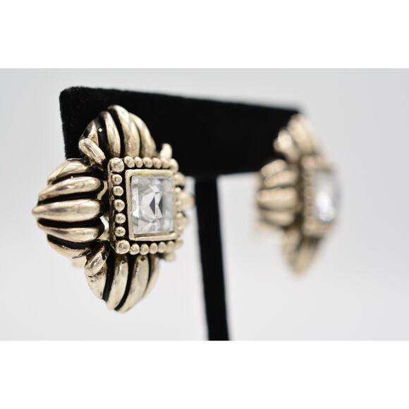 Vintage Crystal Clip On Earrings Chunky Rhinestone Silver Tone Heavy 1980s BinAR - Picture 4 of 12